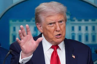 President Donald Trump speaks with reporters in the James Brady Press Briefing Room at the White House